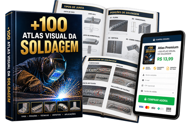 Mockup do +100 Atlas Visual da Soldagem com livro digital, páginas internas e apresentação de checkout